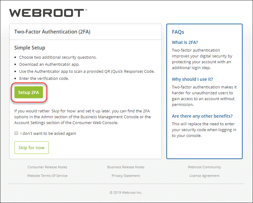 Jak povolím 2FA na Webroot?