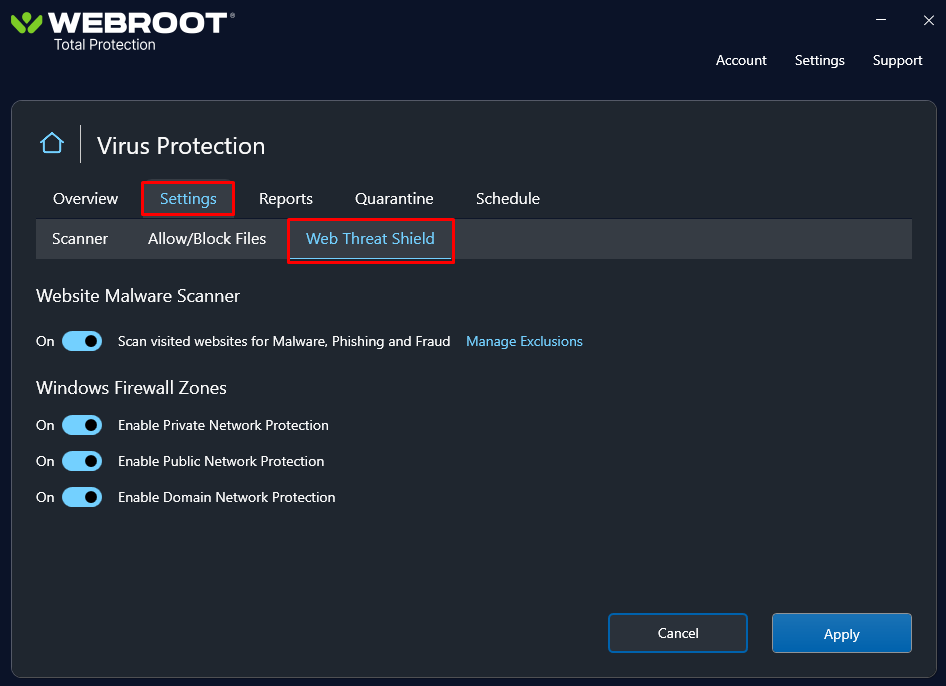 Webroot.com Webroot Web Threat Shield Settings