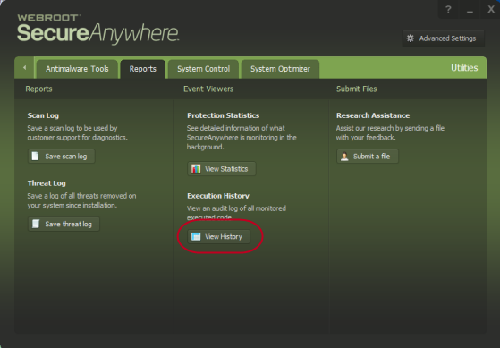 SecureAnywhere Viewing the execution history
